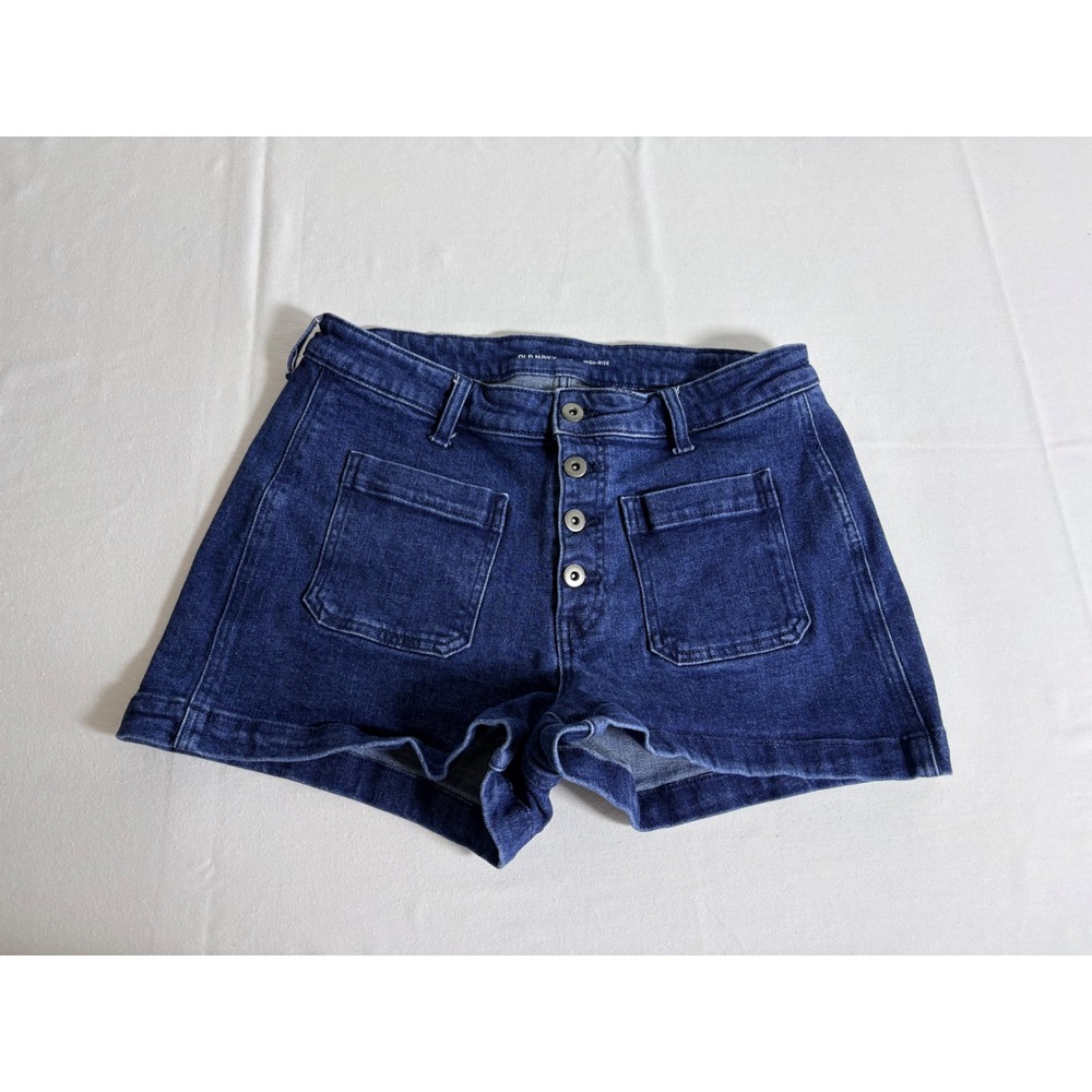 Old Navy Denim Shorts 12 Dark Blue Excellent High Rise Button Fly Patch Pocket